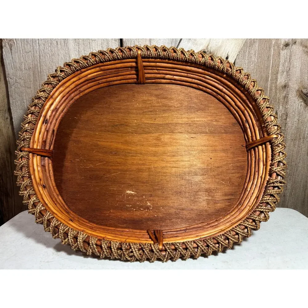 Vintage Oval Bamboo Rattan Serving Tray Wooden Bottom Twisted Twine Rope Trim